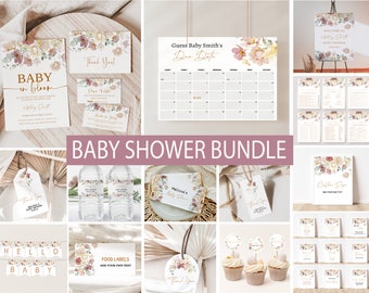 May include: A baby shower printable bundle with a floral theme. The bundle includes invitations, thank you cards, food labels, water bottle labels, cupcake toppers, a welcome sign, a guess the due date calendar, and games. The floral design features blush pink, yellow, and green watercolor flowers.