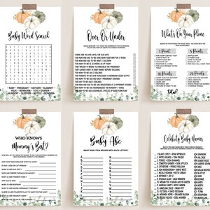 May include: Set of six printable baby shower games with a fall theme. Each card features watercolor pumpkins and greenery. Games include Baby Word Search, Over or Under, What's On Your Phone, Who Knows Mommy's Best?, Baby Abe, and Celebrity Baby Names.