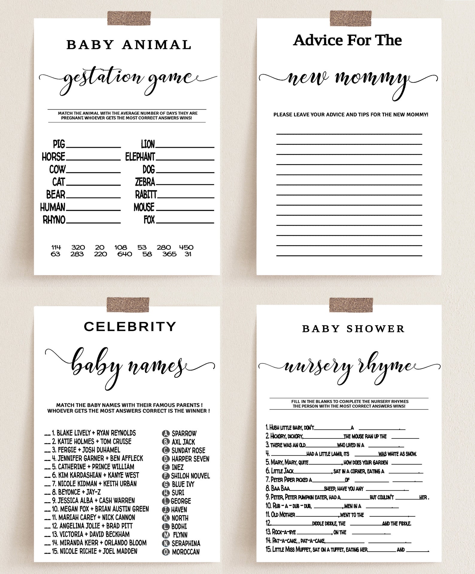 Modern Baby Shower Games Bundle, Minimalist Packpage Games for Baby