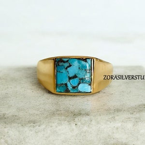Copper Turquoise Ring, 22k Gold fill, signet ring, Turquoise ring, man Ring, 925 Solid Sterling Silver Ring, Turquoise Jewellery