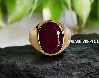 Ruby Signet Ring, 22k Gold Vermeil over Sterling Silver, Natural Red Ruby Jewelry, July Birthstone Gift, Unisex Statement Ring,Ruby Gemstone