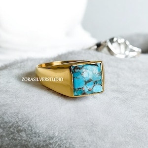 Natural Turquoise Signet Ring, 22k Gold Vermeil over Sterling Silver, December Birthstone Jewelry, Unisex Blue Stone Ring, Men's Ring