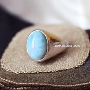 High Quality Natural Larimar ring , signet ring , 925 sterling silver ring , unisex ring , Larimar man ring, Larimar gemstone