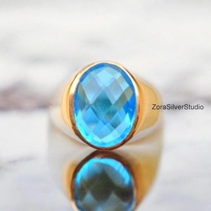 Swiss Blue Topaz Ring, 22K Gold Fill, signet ring, 925 sterling silver Ring, man ring, mens ring, Gift Ring, Jewelry Gift