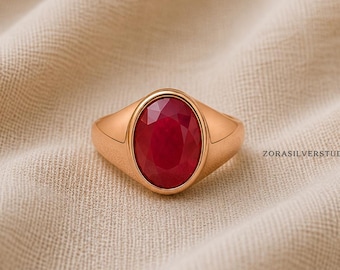 Ruby Signet Ring, 22k Gold Vermeil over Sterling Silver, Natural Red Ruby Jewelry, July Birthstone Gift, Unisex Statement Ring,Ruby Gemstone