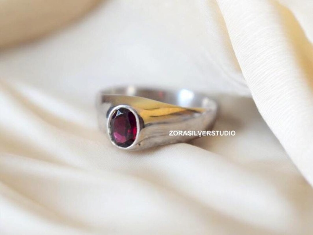 Bague Unisexe Argent 925 Avec Grenat Naturel - Pierre Ovale Facettée, Taille Réglable - Neuf Sans Boîte