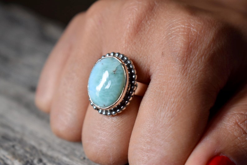US SIZE 6.5 women jewellery gift #B117 925 sterling silver statement ring Larimar gemstone silver ring Larimar ring