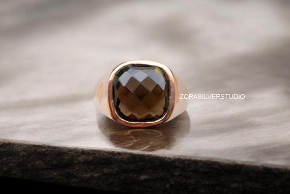 Bague Quartz Fumé Pierre Naturelle Marron - Argent Massif 925 Et Plaqué Or 22 Carats