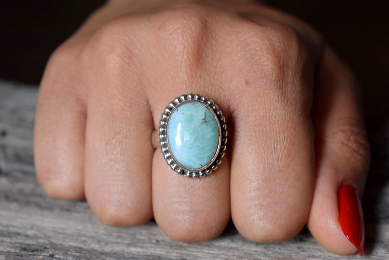 US SIZE 6.5 women jewellery gift #B117 925 sterling silver statement ring Larimar gemstone silver ring Larimar ring