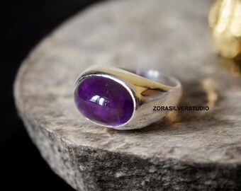 Amethyst Signet Ring, 22k Gold Vermeil over Sterling Silver, February Birthstone Jewelry, Purple Gemstone Statement Ring, Unisex Gold Signet