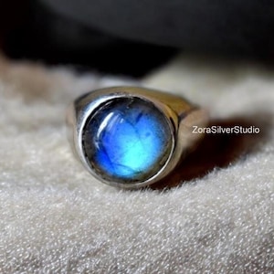 Bague labradorite bleue, chevalière, argent sterling 925, bague unisexe, bague pour homme, pierre précieuse labradorite, bague labradorite en argent