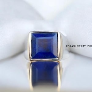 Anillo de zafiro azul, anillo de sello chapado en oro de 22 quilates, anillo de plata de ley 925, anillo de mujer, anillo de hombre, anillo de zafiro azul para hombre, zafiro facetado