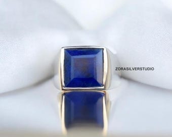 Zegelring natuurlijke saffier, 22k goudvermeil op sterlingzilver, september geboortesteen sieraden, statement ring blauwe edelsteen, unisex ring