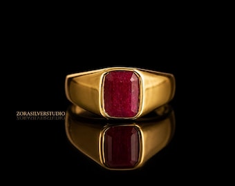 Chevalière rubis naturel, bijoux en argent sterling avec pierre de naissance de juillet, vraie bague en pierre précieuse rouge, chevalière unisexe, cadeau personnalisé