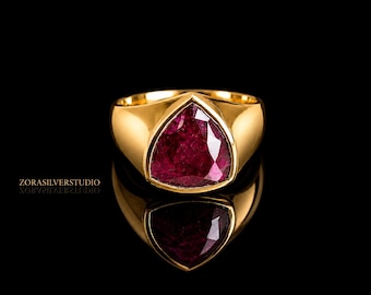 Natural Ruby Signet Ring, 22k Gold Vermeil over Sterling Silver, July Birthstone Jewelry, Red Gemstone Statement Ring, Men's Pinky Ring