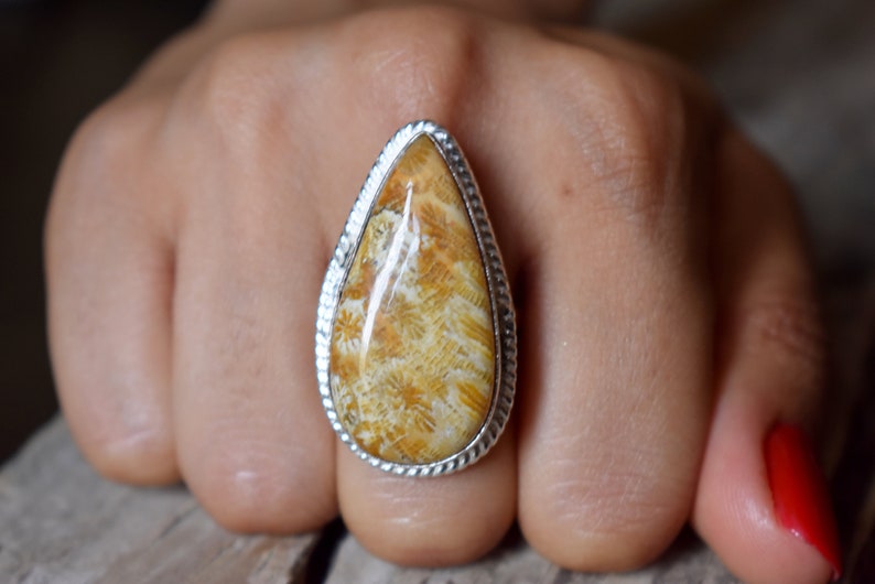 Statement Ring 925 Sterling Silver Ring Gifts for her Birthstone Jewelry Handmade Ring Boho Rings #SC12 Fossil coral gemstone ring