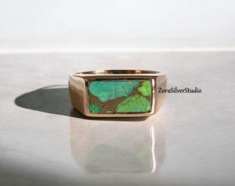 Green Copper Turquoise Ring, 22k Gold fill, signet ring, Turquoise ring, man Ring, 925 Solid Sterling Silver Ring, Turquoise Jewellery