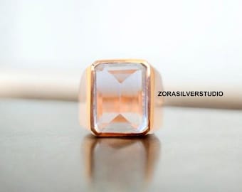 Anillo de sello de topacio blanco, bañado en oro de 22 k sobre plata de ley, piedra natal de abril, anillo con piedra preciosa transparente, sello de oro unisex.