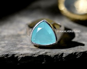 Triangle Aqua Chalcedony ring , signet ring , 925 sterling silver , unisex ring , man ring , Faceted Chalcedony , Chalcedony silver ring