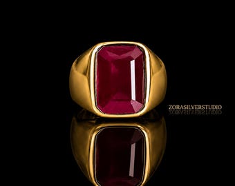 Natural Ruby Signet Ring, 22k Gold Vermeil over Sterling Silver, July Birthstone Jewelry, Red Gemstone Statement Ring, Unisex Gold Signet