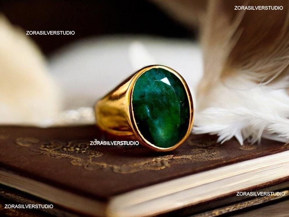 Natural Emerald Ring, 22k Gold fill, signet ring, Emerald ring, Mens Ring, Women Ring, 925 Solid Sterling Silver Ring, Birthstone Ring