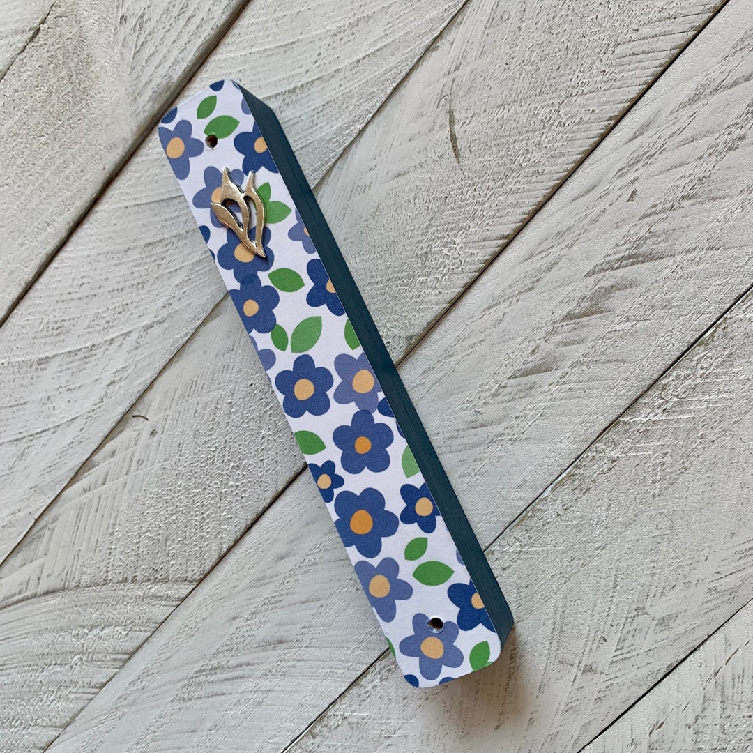 Cute Floral Mezuzah, Blue and Yellow Flowers, Baby Naming Gift, Jewish Girl, Childrens Mezuzah