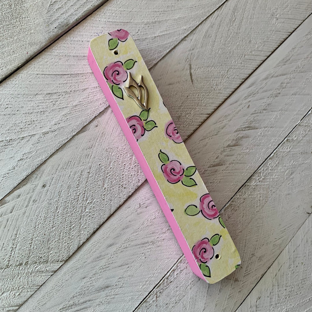 Cute Floral Mezuzah, Rose Flowers, Pink Roses, Yellow, Baby Naming Gift, Jewish Girl, Childrens