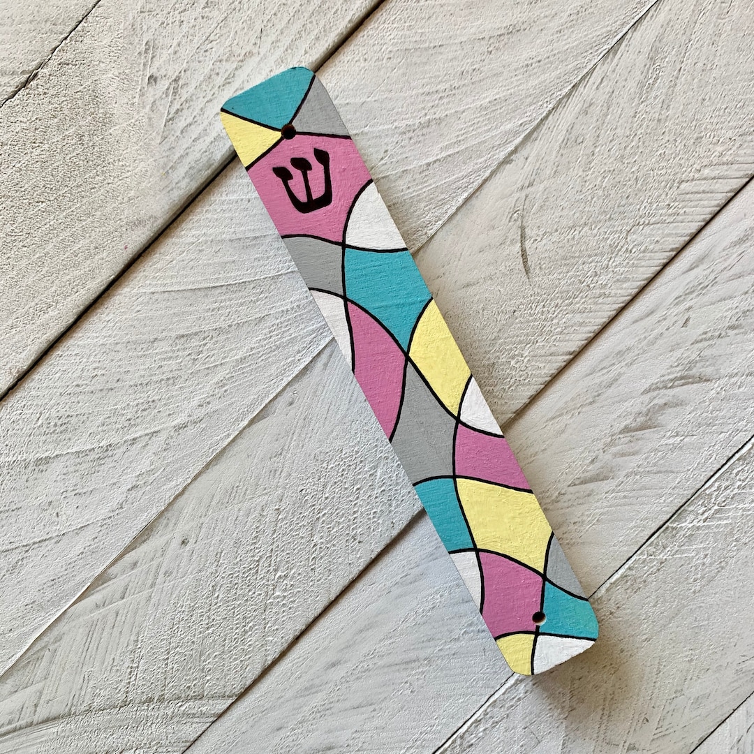Abstract Pink Blue and Yellow Mezuzah, Nursery, Childrens Mezuzah, Playroom Mezuzah, House