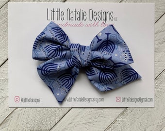 Hanukkah Hair Bow: Menorah Print, Jewish Girl Hair Clip