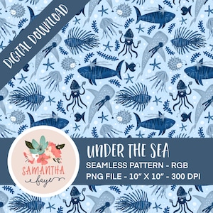 Ozean Tiere nahtlose Muster | Unter dem Meer Kinder Design | Haie | Stoff & Schreibwaren | Digitaler Download PNG