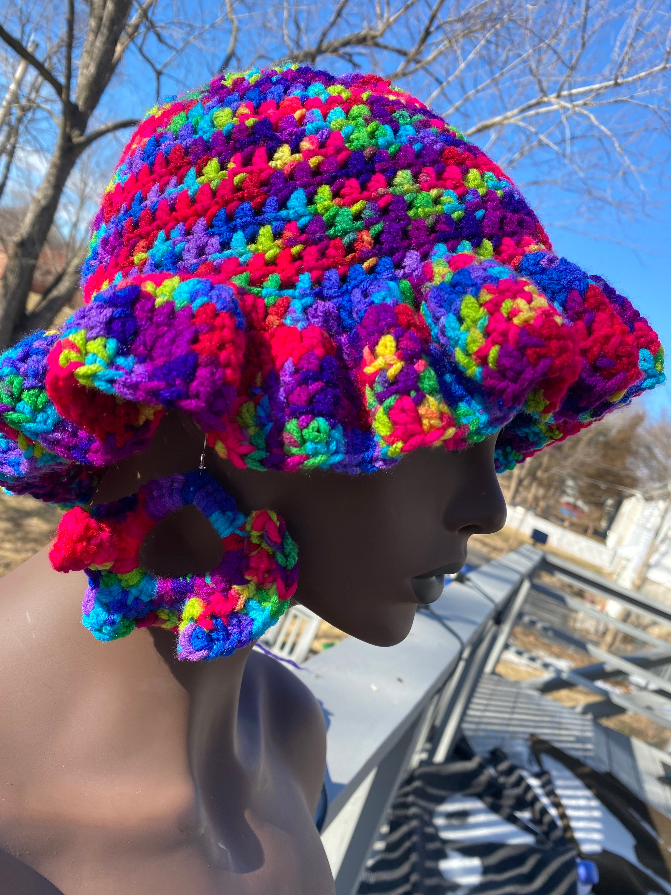 Crochet Ruffle Brimmed Bucket Hat and Earrings Set Etsy