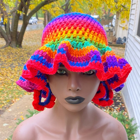 Handmade Dacron Bucket Hat Ruffled Brim Windproof Adjustable Handmade Crochet Ruffle Bucket Hat - Fall Multicolor - Etsy main image 2