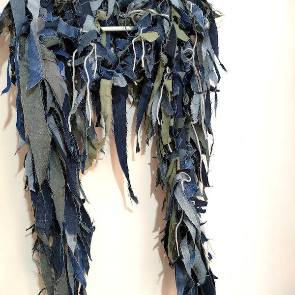 Die Frayed Jeans Denim Necklace Scruffy Torn Jeans Fabric Jewelry Textile Denim Scarves Reused Recycled Jeans scarf