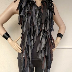 Die Frayed Vegan Leather  Necklace Scruffy Torn Jeans Fabric Jewelry Textile Denim Scarves Reused Recycled Jeans scarf