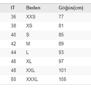 May include: A white chart with size conversions for clothing. Columns include TR-EU, UK, US, IT, Beden, G&ouml;ğ&uuml;s(cm), and Bel(cm). Sizes range from 32 to 46, with corresponding UK, US, and IT sizes, and chest and waist measurements in centimeters.