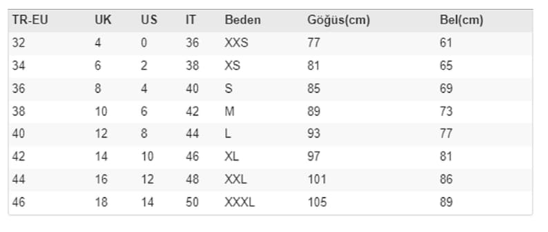 May include: A white chart with size conversions for clothing. Columns include TR-EU, UK, US, IT, Beden, G&ouml;ğ&uuml;s(cm), and Bel(cm). Sizes range from 32 to 46, with corresponding UK, US, and IT sizes, and chest and waist measurements in centimeters.