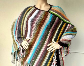 Hand Knit Boho Poncho Stripe Asymmetric Tunic