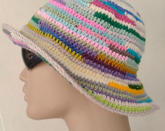 Striped Crochet Bucket Hat, Colorful Cotton Summer Hat, Handmade