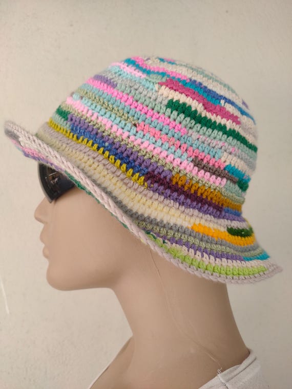 Handcrafted Multicolor Striped Crochet Bucket Hat Made by Minga | Unisex Crochet Multicolor Striped Fall  main image 2