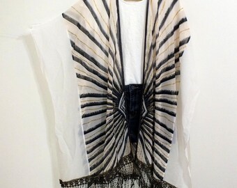 Boho Chiffon Kimono Cardigan Beach Cover-Up with Fringe Trim