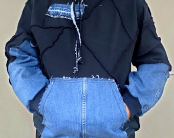 Upcycled Denim Sweatshirt Patchwork Unisex Sweatshirt