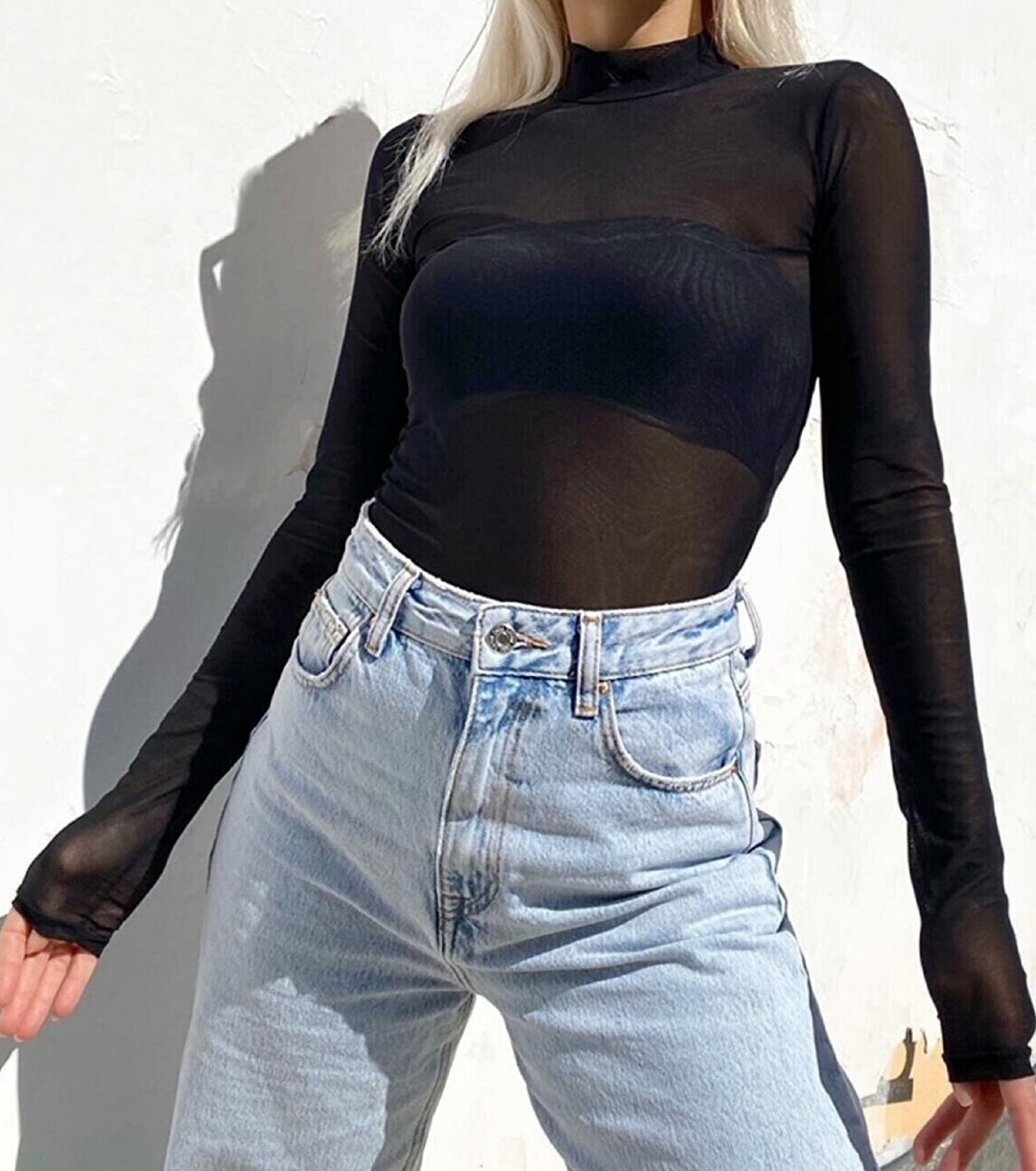 T-shirt RE/DONE X Hanes Noir Femme, Col Roulé Manches Longues, Taille M Stretch