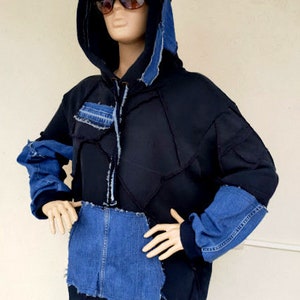 Upcycled Denim Sweatshirt Patchwork Unisex Sweatshirt Hoodies  Patchwork denim