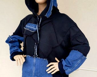 Upcycled Denim Patchwork Hoodie Unisex  Sweatshirt