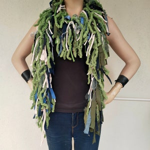 Die Frayed Fringe Upcycled Necklace denim Scruffy Torn Fabric Jewelry Textile Scarves Reused Recycled Jeans scarf