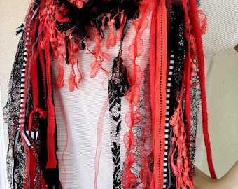 Handmade Red Fabric Statement Necklace Scarf, Boho Hippie Tribal