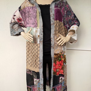 Hooded Boho Kimono Cardigan  Kimono Cotton  Plus Size Kimono Bohemian Patchwork Kimono Robe. Upcycled Fabric Boho Kimono.