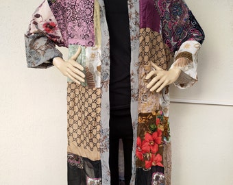 Hooded Boho Kimono Cardigan  Kimono Cotton  Plus Size Kimono Bohemian Patchwork Kimono Robe. Upcycled Fabric Boho Kimono.