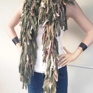 Die Frayed Jeans  Green Denim Necklace Scruffy Torn Jeans Fabric Jewelry Textile Denim Scarves Reused Recycled Jeans scarf