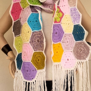 Crochet Granny Scarf  Long Colorful Crochet Retro Scarfgranny Vintage style scarf,  afghan gift for her, boho crochet scarf, Christmas Gift